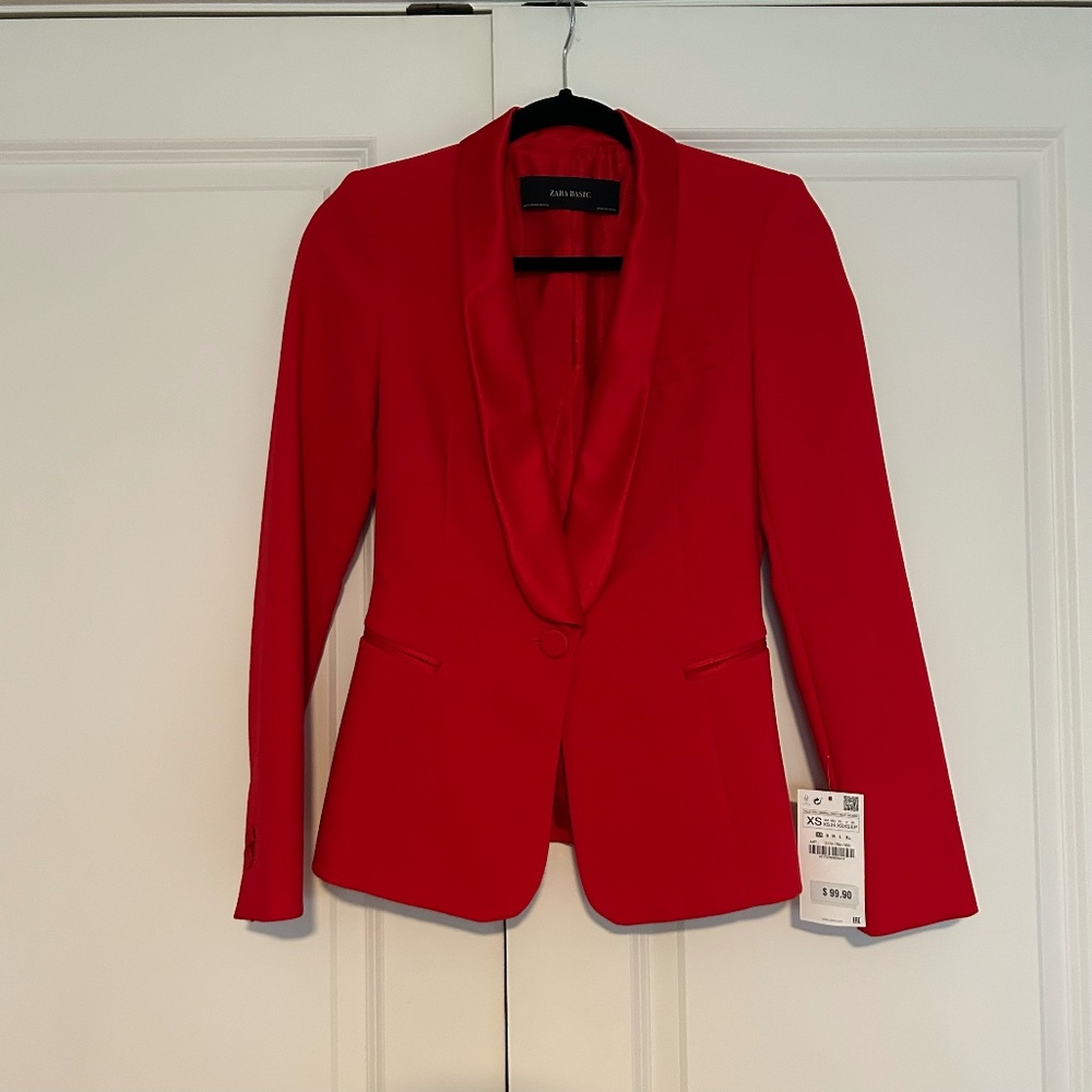 ZARA Red Tuxedo Suit Set | Satin Trim Blazer XS + Pants S